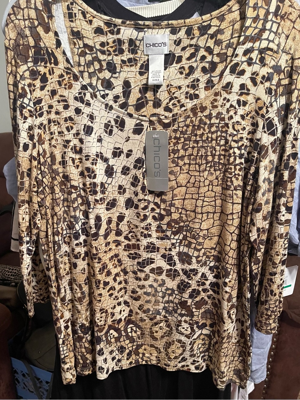 Chico's Brown and Cream Animal-Print Long Sleeve Top